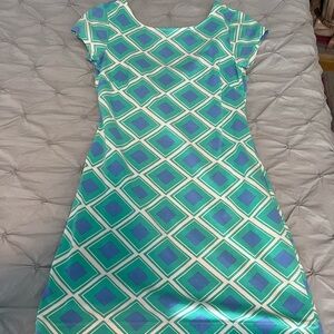MAHI GOLD Green and Blue Sheath Dress with Flutter Cap Sleeves